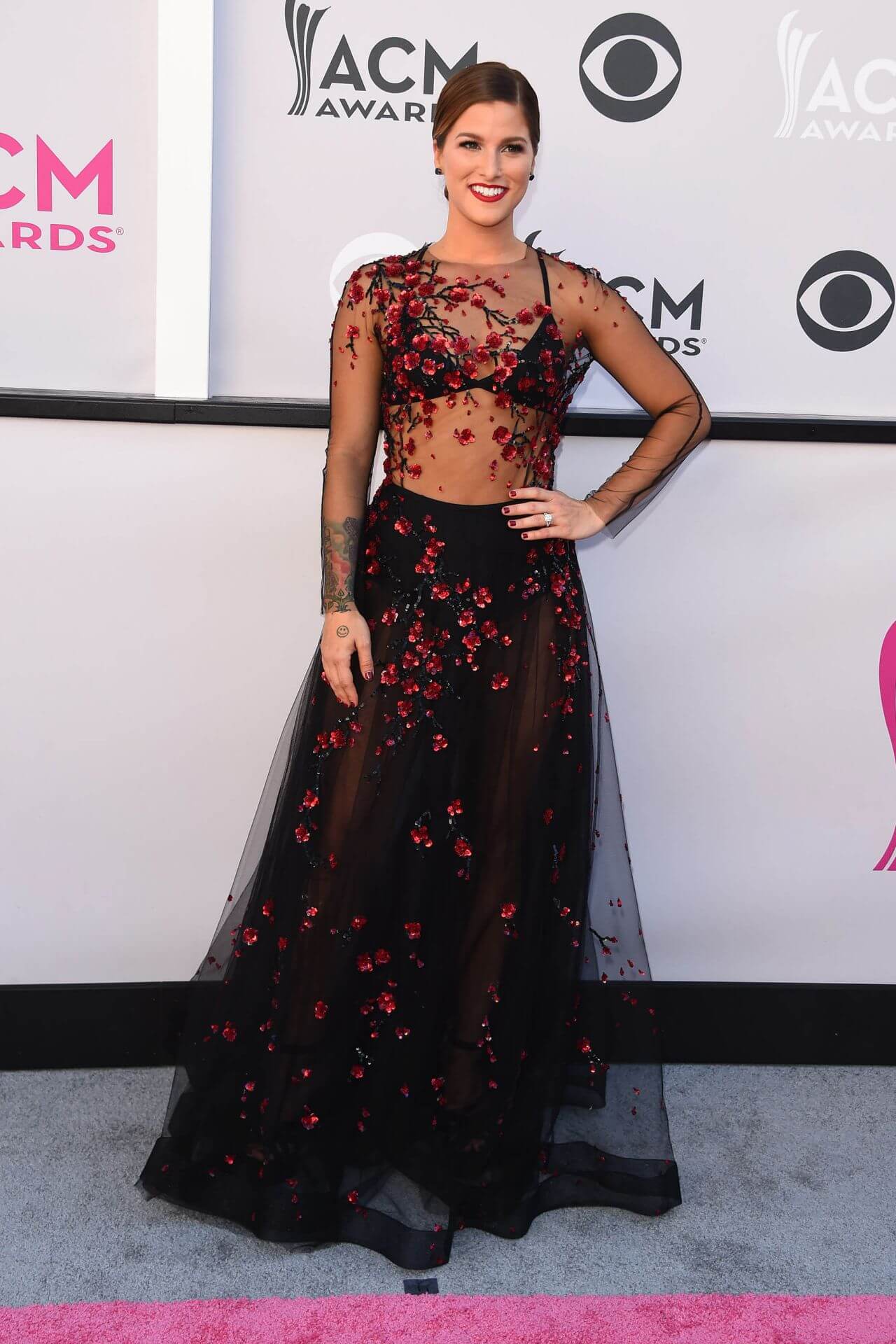 Cassadee Pope In Black Net Fabric Floral Design Long Gown Dress At Academy Of Country Music Awards in Las Vegas