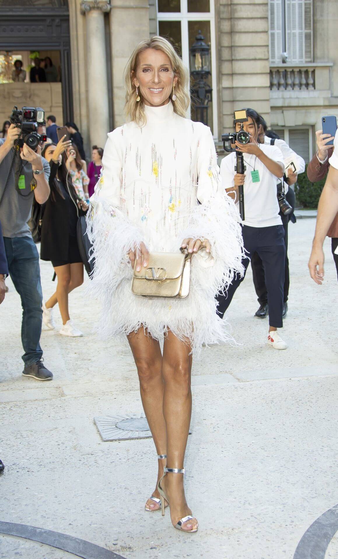 Celine Dion  In White Fringing Style Short Dress At Valentino Haute Couture Fall / Winter  Show in Paris