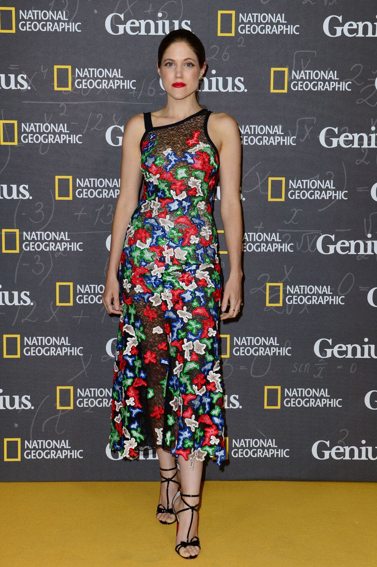 Charity Wakefield In  Multicolor Patchwork Long Dress At “Genius” Premiere  Cineworld Haymarket in London