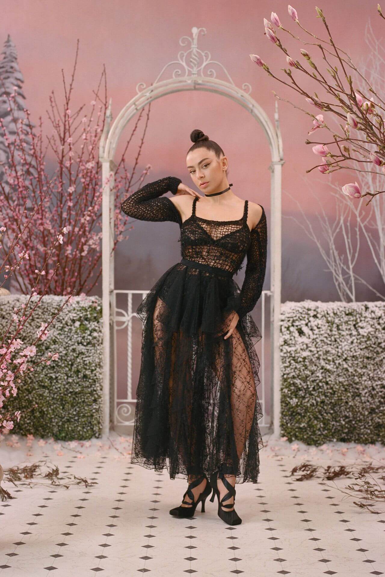 Charli XCX Glamorous Looks In Black Net Fabric Lace Design Bralette Ruffle Dress