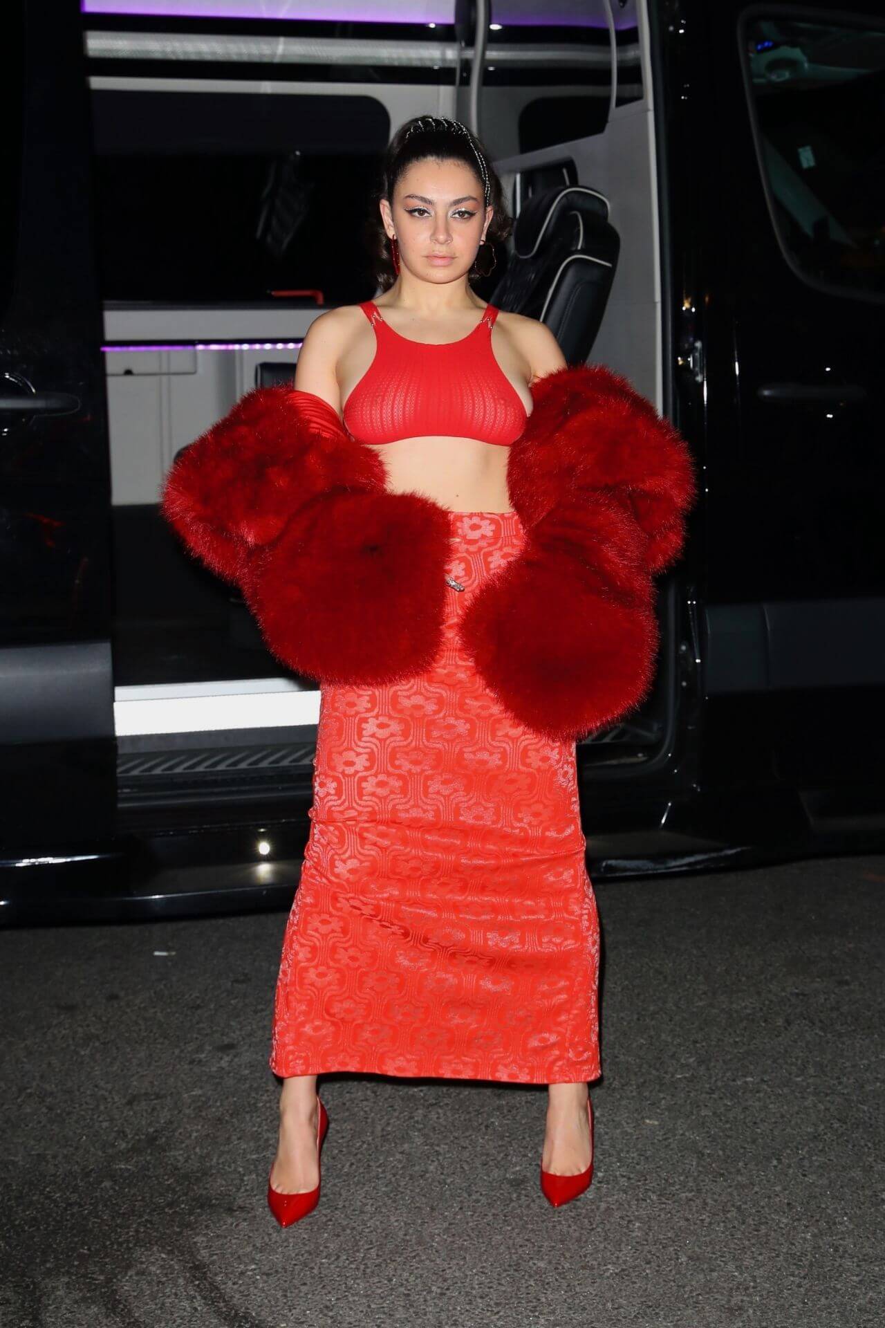 Charli XCX In a Red Crop Top & Long Skirt Outfits With Fur Stall