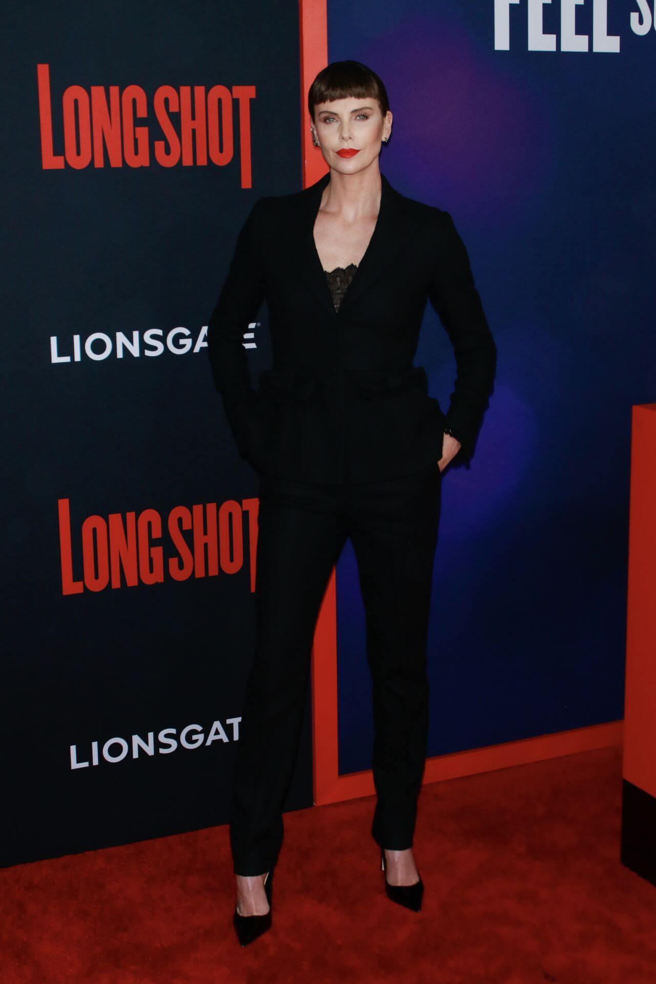 Charlize Theron  In Black Blazer With Pants At “Long Shot” Premiere in NYC