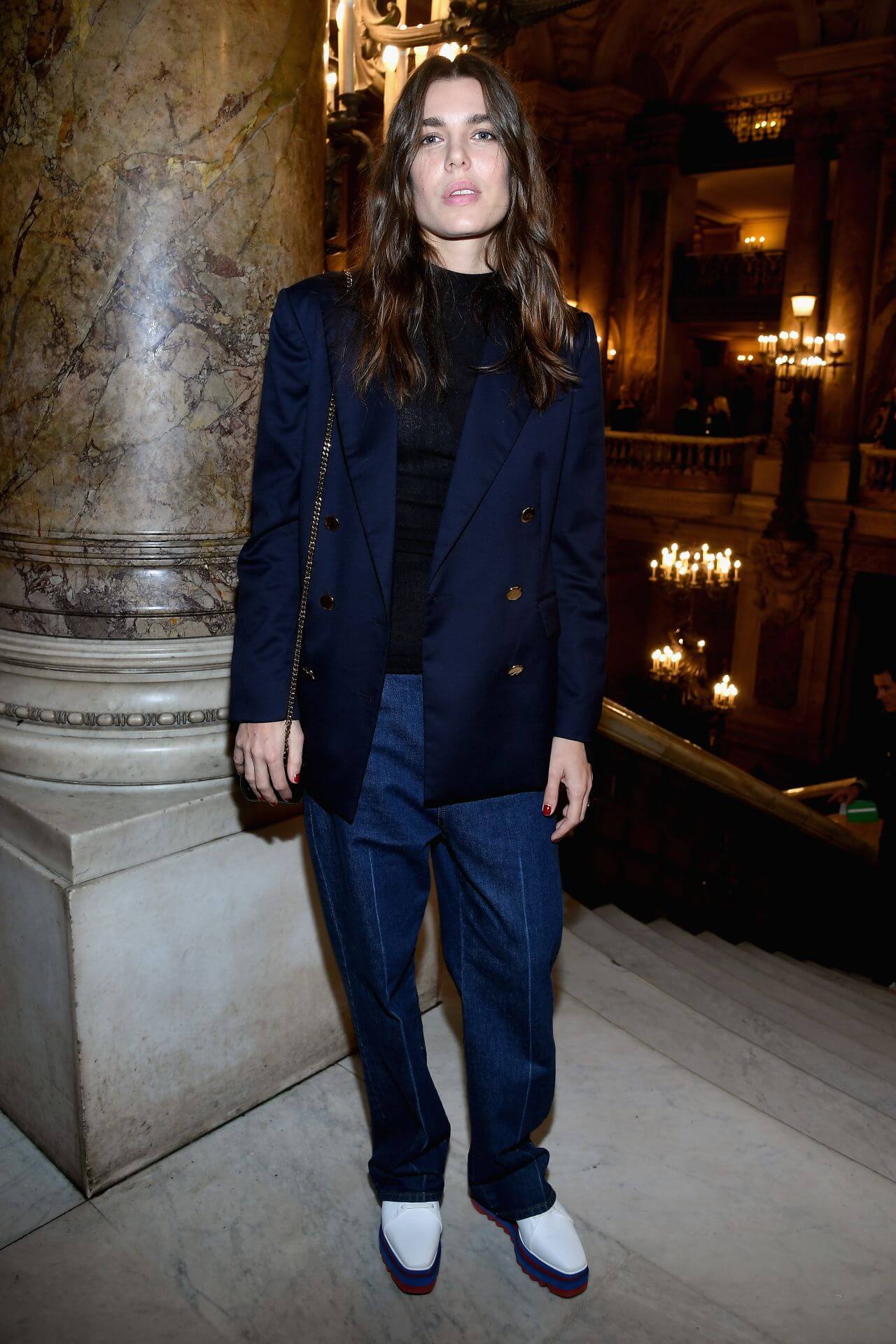 Charlotte Casiraghi In Blue Blazer Under Black Top with Denim Bottoms At Stella McCartney Fashion Show, PFW in Paris