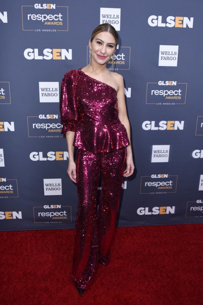 Chelsea Kane In Maroon Shimmery Ruffle Top With Pants At GLSEN Respect Awards