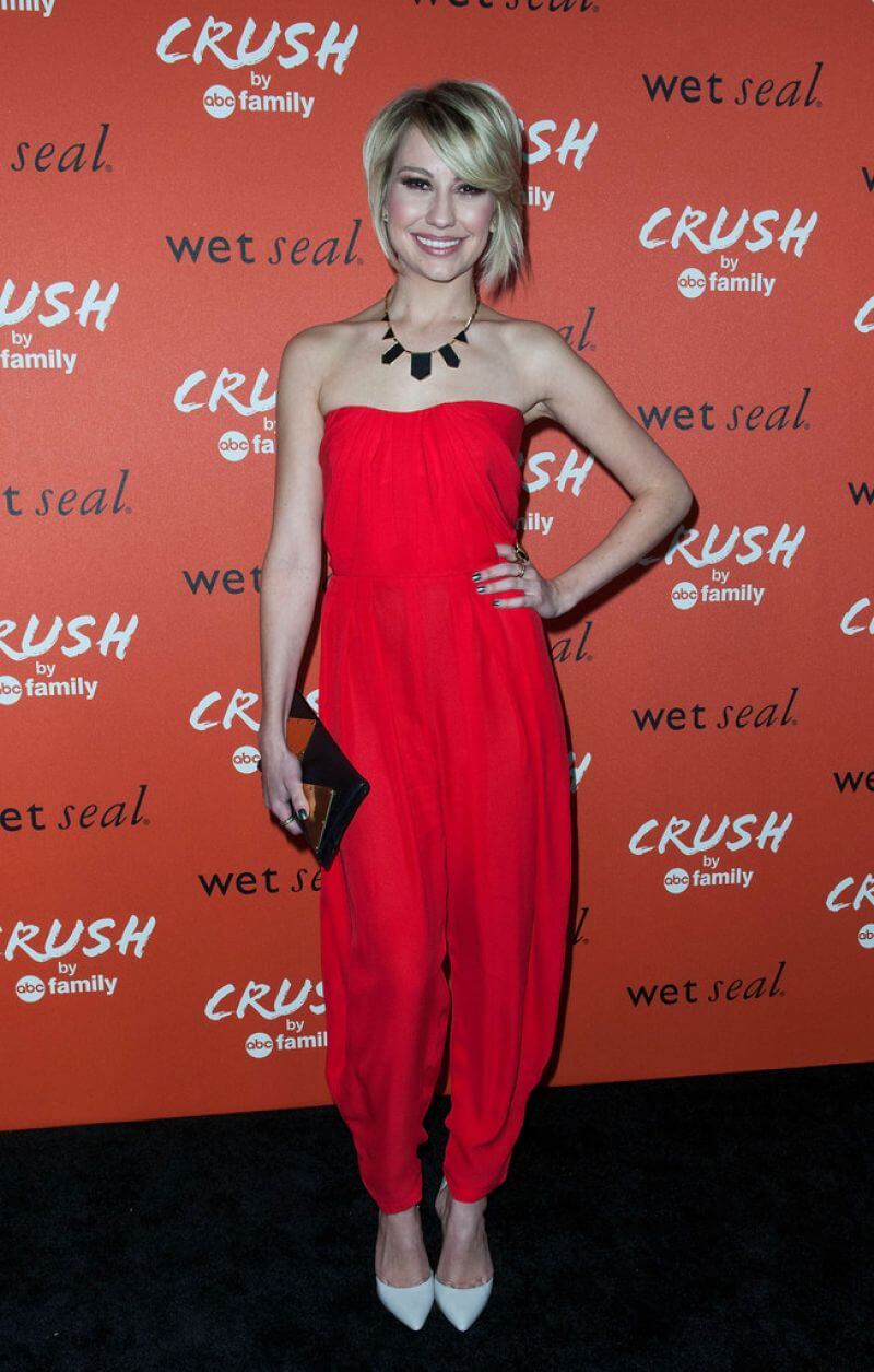 Chelsea Kane In Red Strapless Jumpsuit  on Red Carpet Launch Celebration Of Crush
