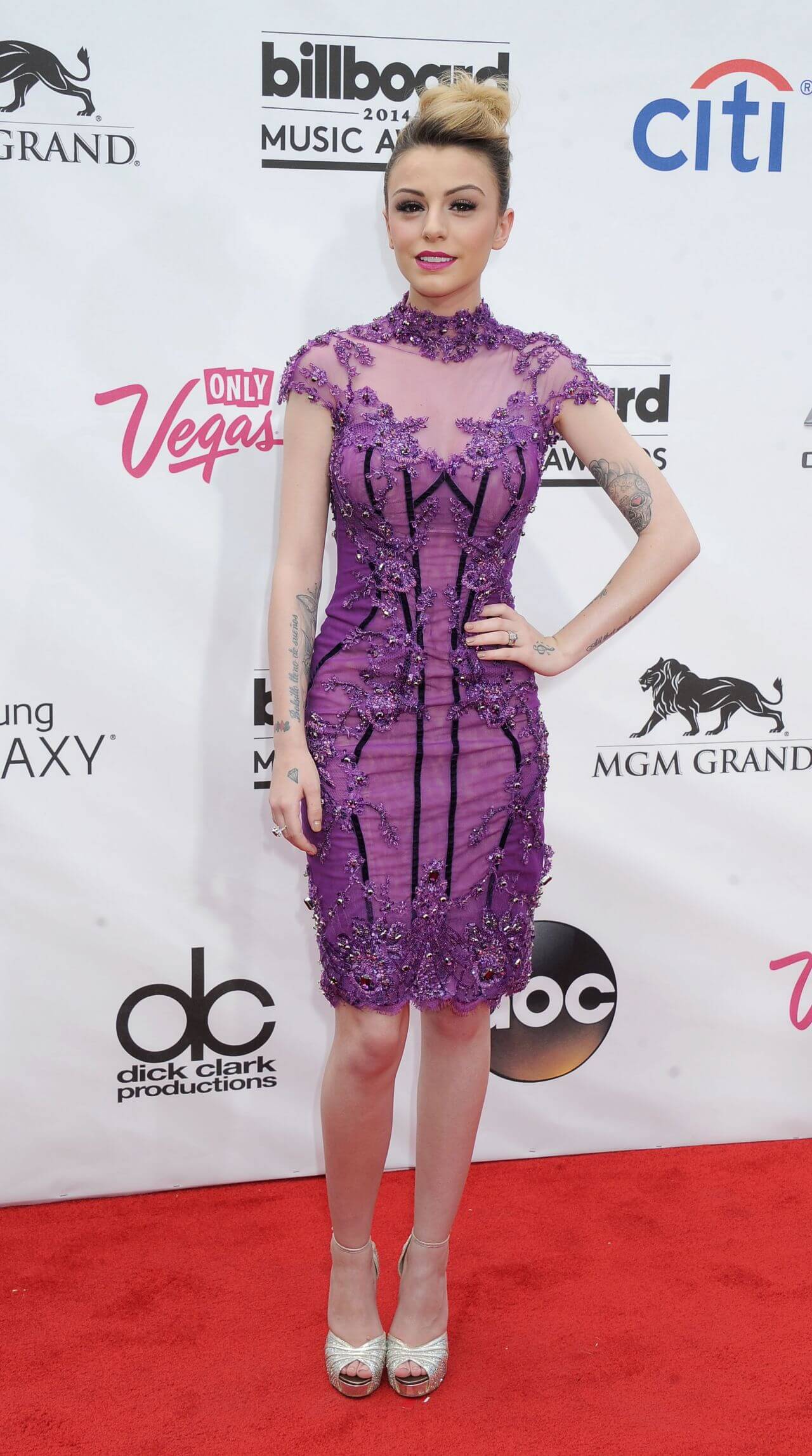 Cher Lloyd In Purple Shimmery Work Half Sleeves Bodycon Dress At Billboard Music Awards in Las Vegas