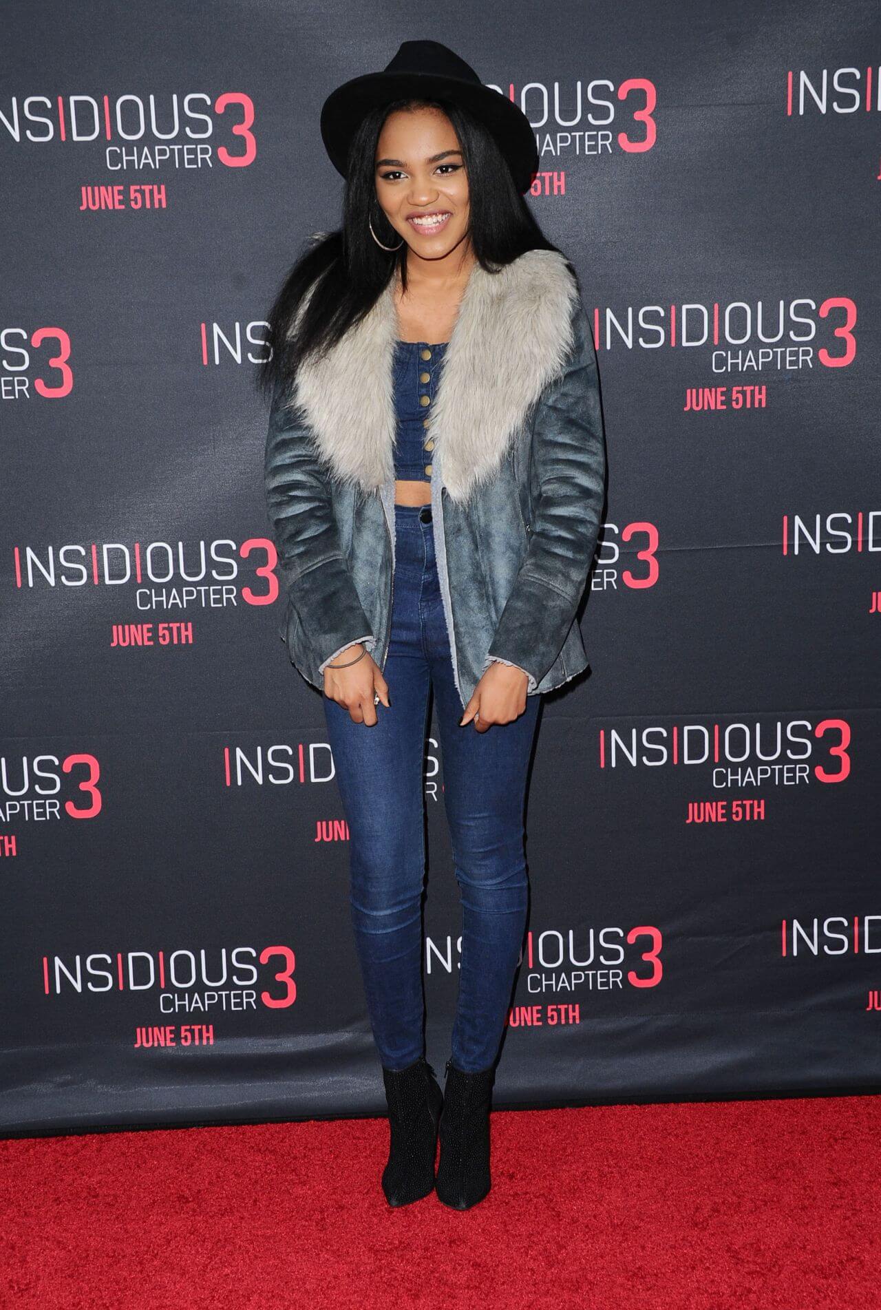 China Anne McClain In Grey Fur Style Jacket under Denim Dress At‘Insidious: Chapter 3’ Premiere in Hollywood