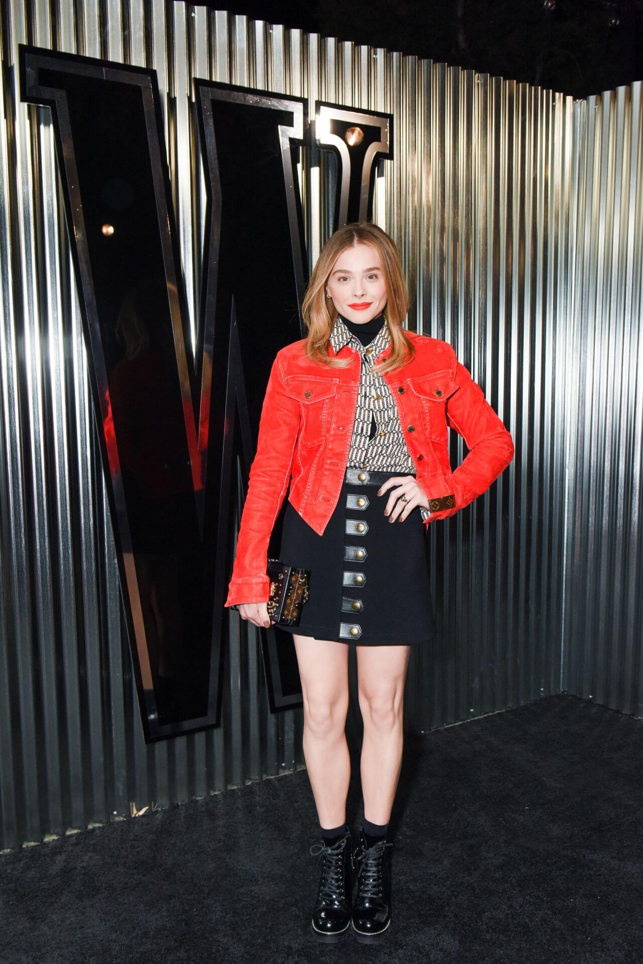 Chloe Moretz  Perfect Looks In Red Jacket Under Printed Shirt With Mini Skirt Outfit