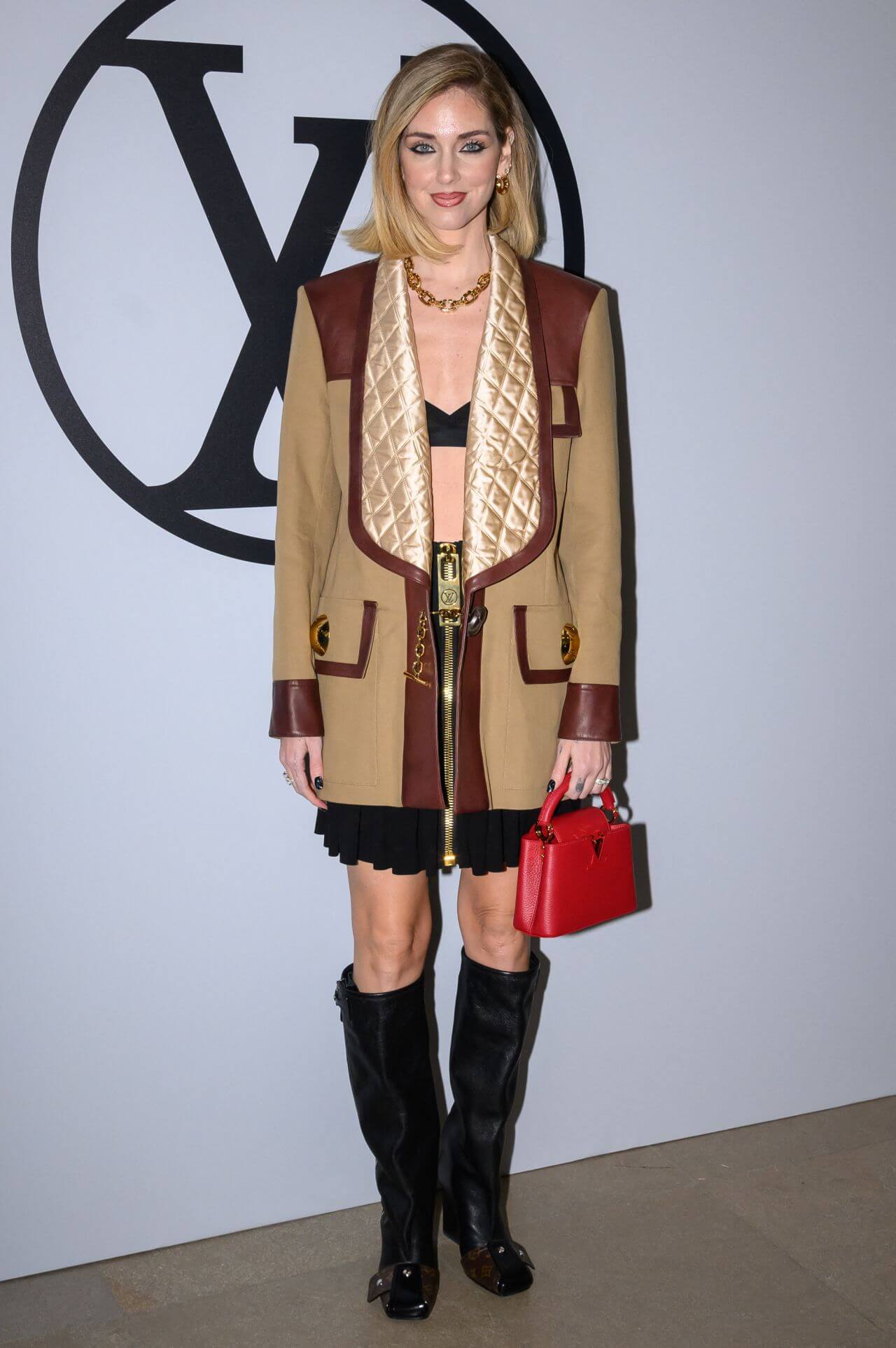 Chiara Ferragni  In Beige Long Blazer Under Bralette With Mini Skirt At Louis Vuitton Show In Paris Fashion Week