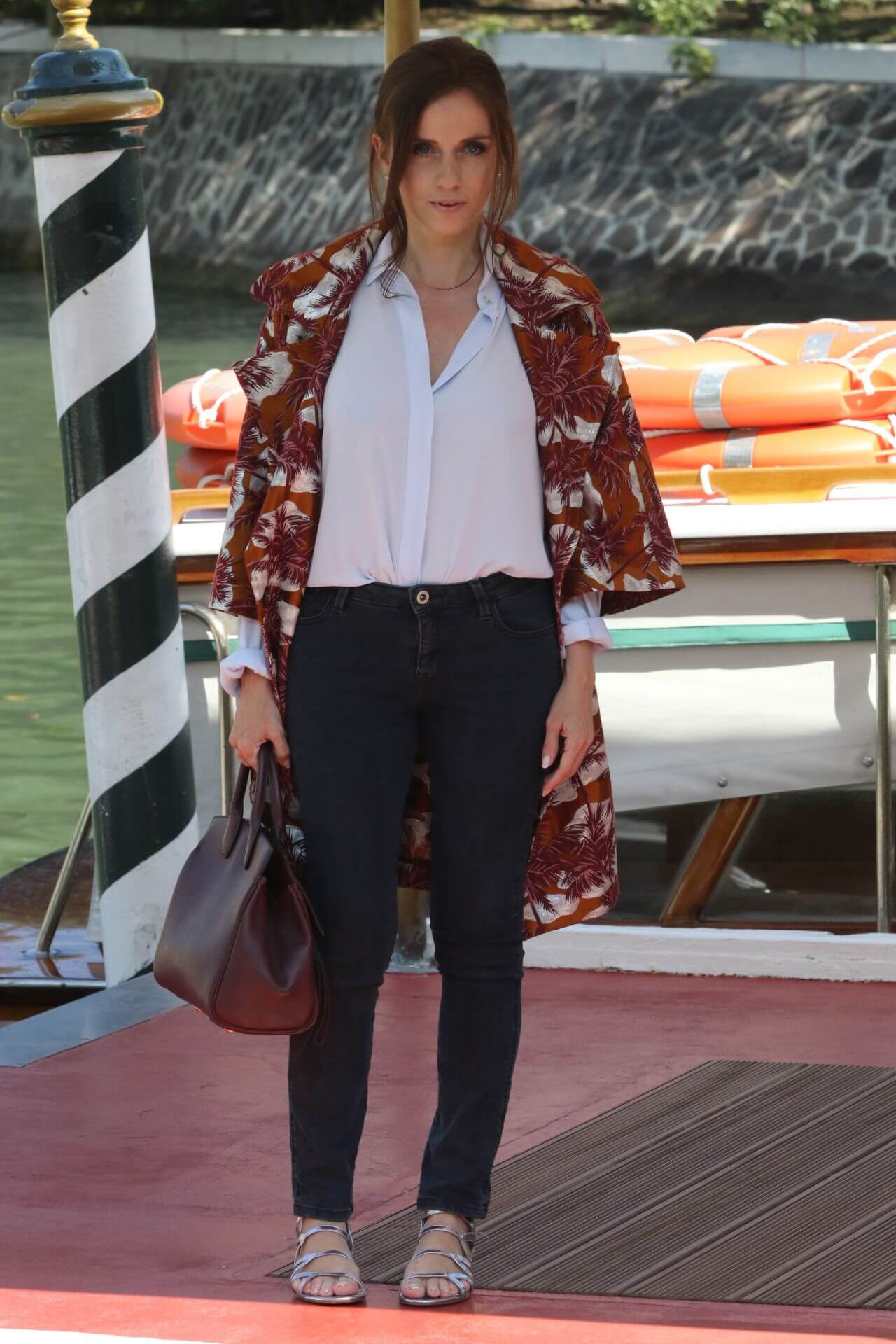 Chiara Iezzi  In a Printed Long Jacket Under White Shirt With Black Jeans  Arriving at the 75th Venice Film Festival
