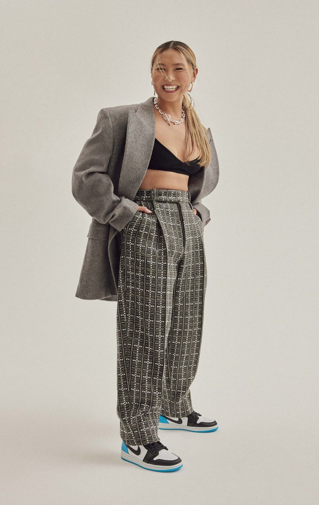 Chloe Kim Perfect Looks In Grey Long BlazerUnder Bralette With Checked Pants  Outfits