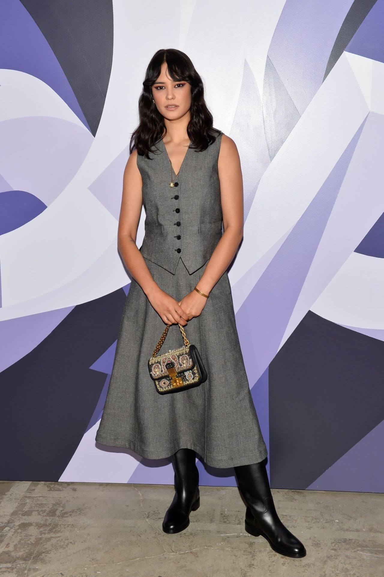 Courtney Eaton  In Grey Waist Coat & Skirt With Black Leather Boots Gris Dior VIP Party in Los Angeles