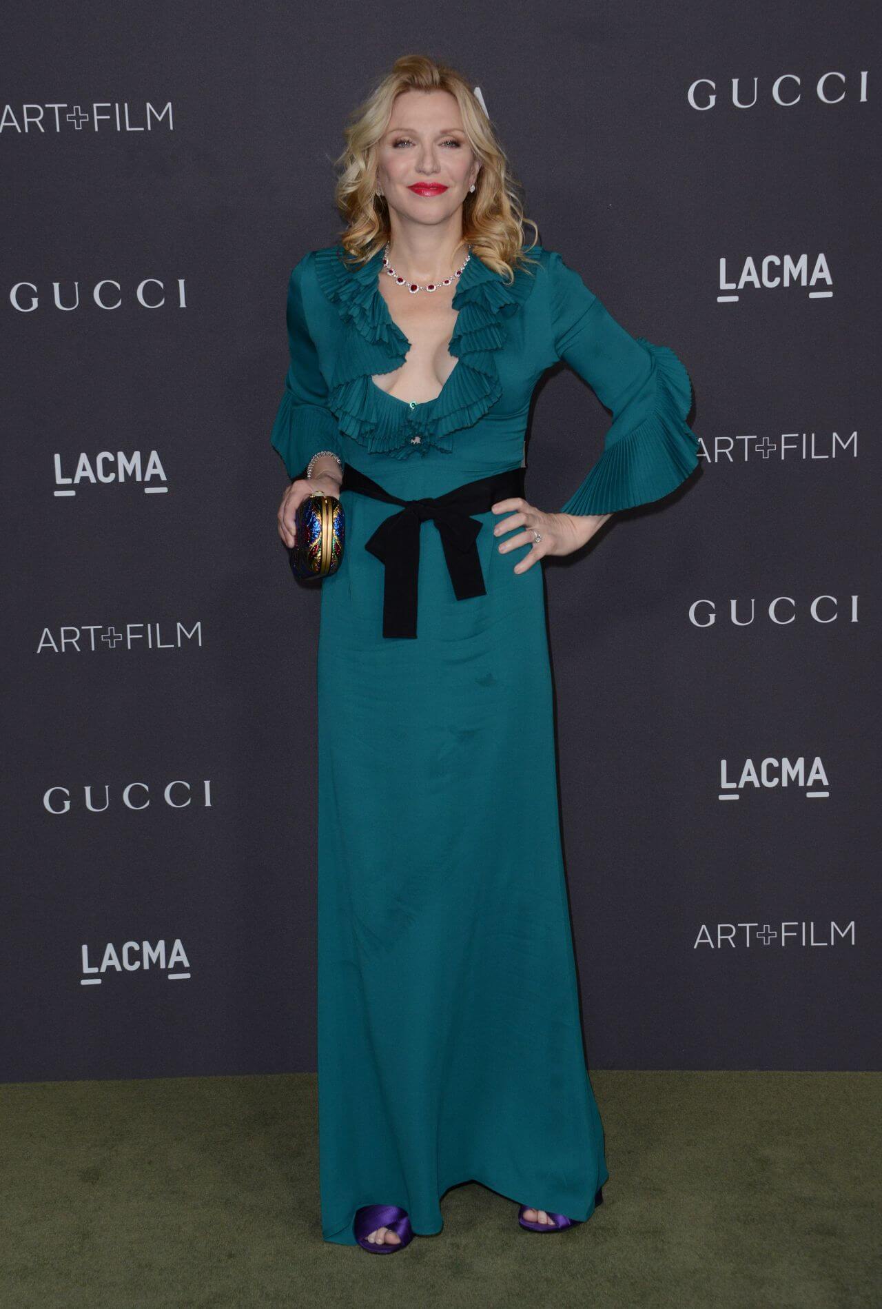 Courtney Love  In Sea Green Neckline Flare Sleeves Long Maxi Dress At LACMA Art and Film Gala in Los Angeles