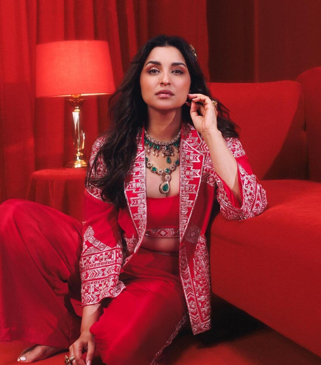 Parineeti Chopra Beautiful In Red Shimmery Co Ord Set With Emerald Necklace