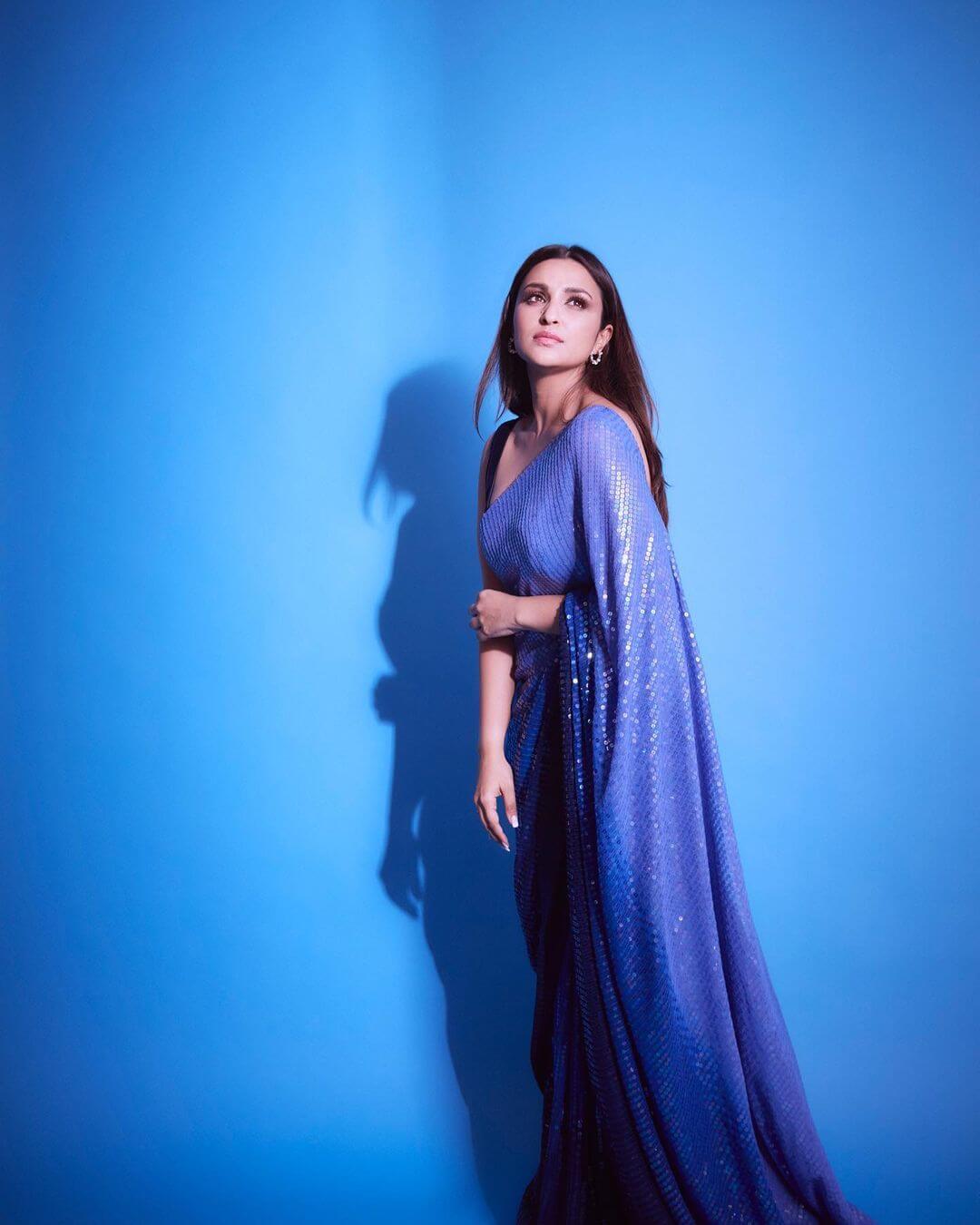 Parineeti Chopra Dazzling In Blue Sequence Saree