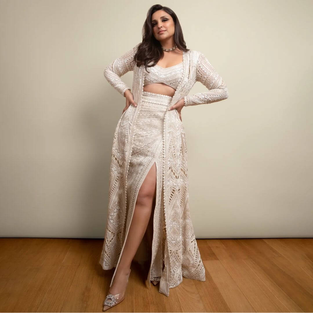 Parineeti Chopra Gorgeous In White Crochet Co Ord Set