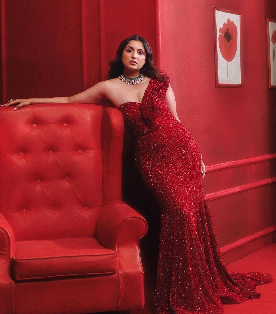 Parineeti Chopra Stunning In Red Shimmery One Side Off Shoulder Long Prom Dress