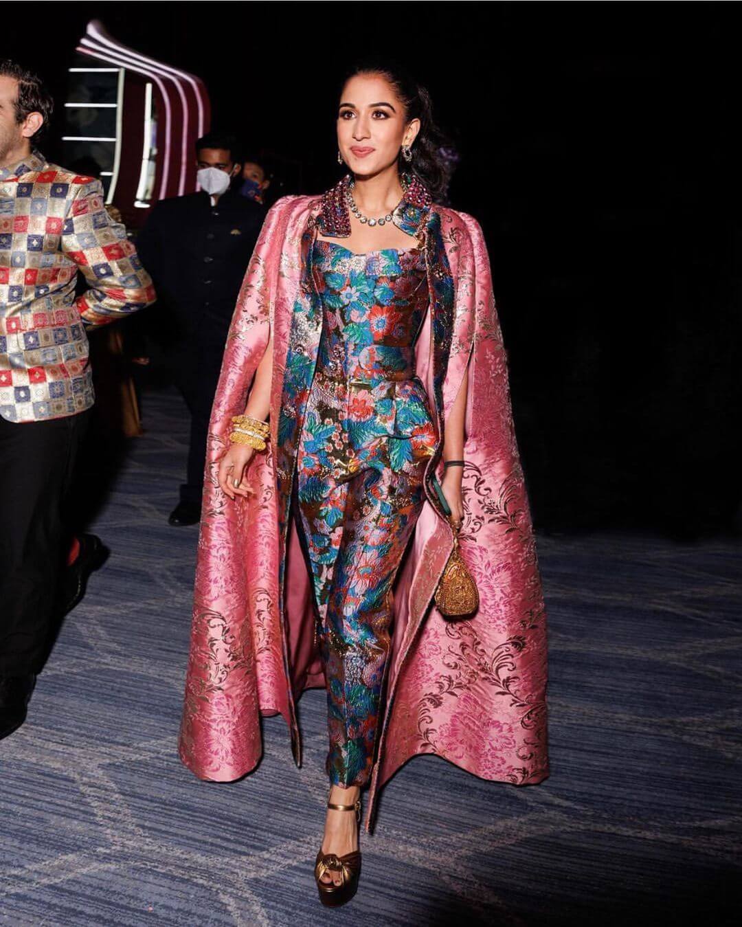 Radhika Merchant In Floral Print Jumpsuit With Flared Long Jacket