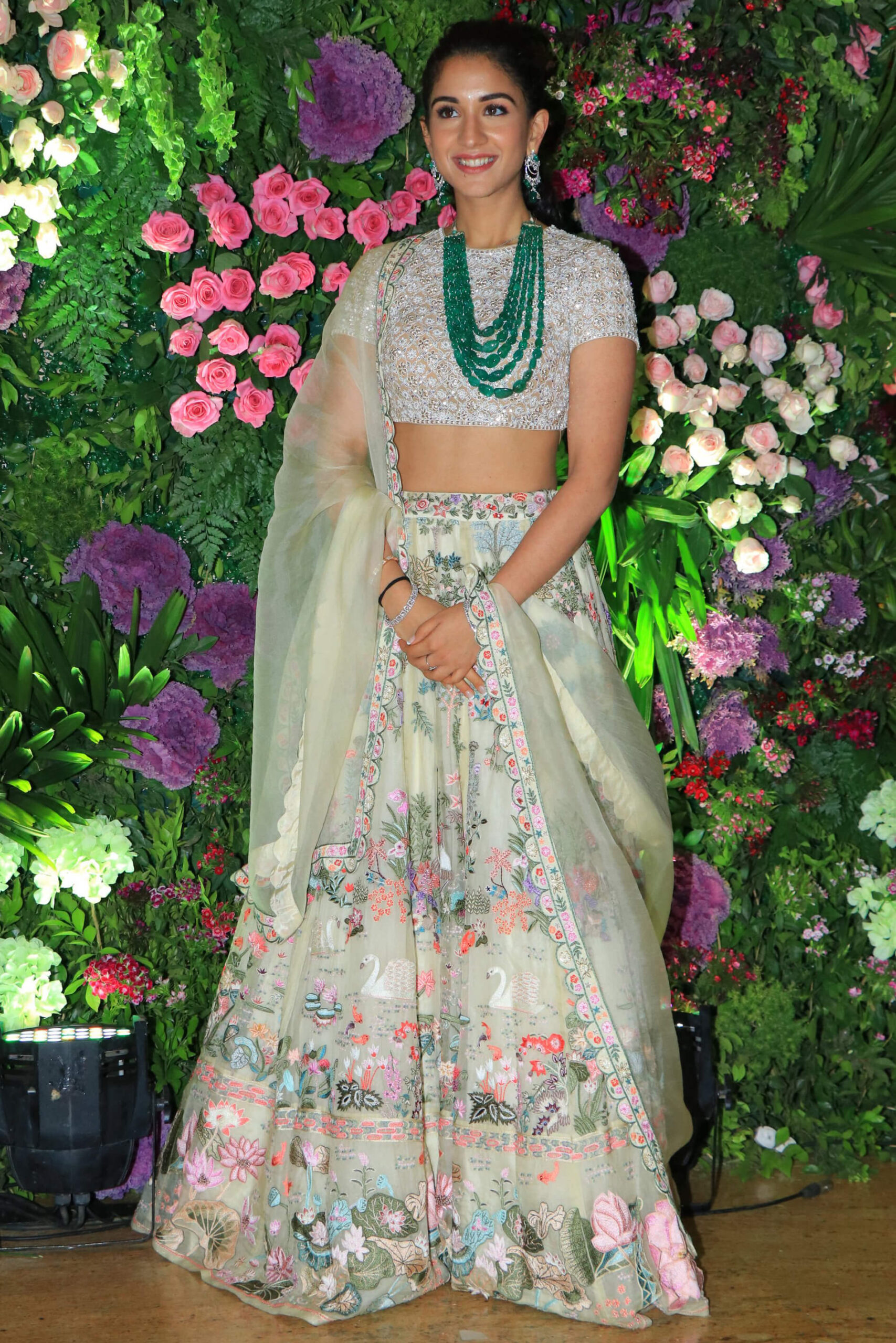 Radhika Merchant Stunning Off White Orgenza Lehenga With Emerald Necklace