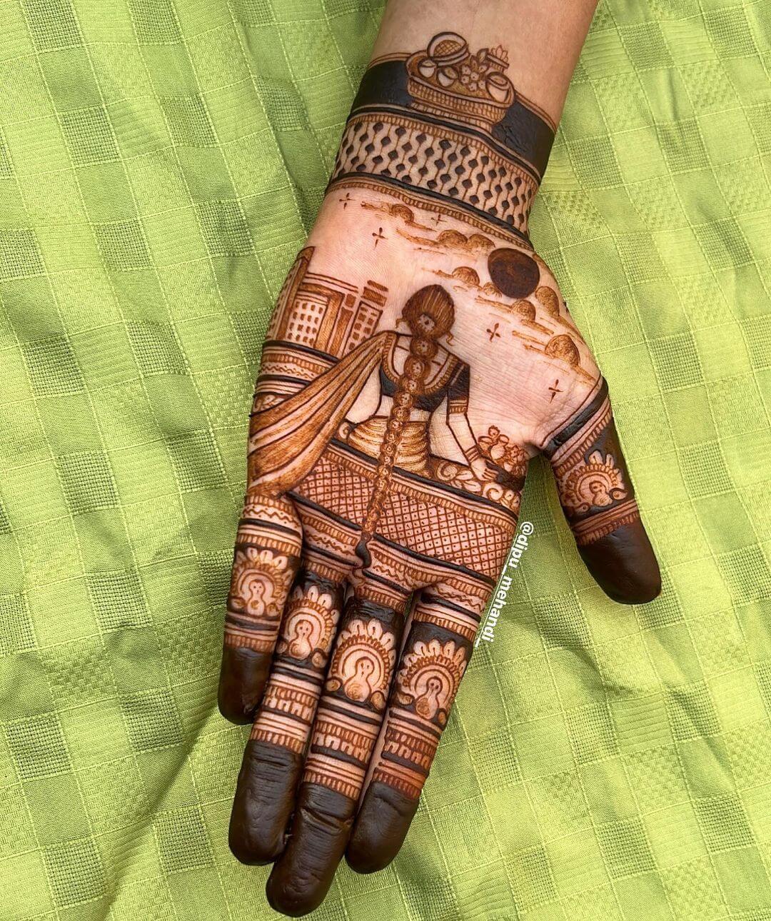 A Pretty Women Waiting For Moon Portrait Mehndi Design