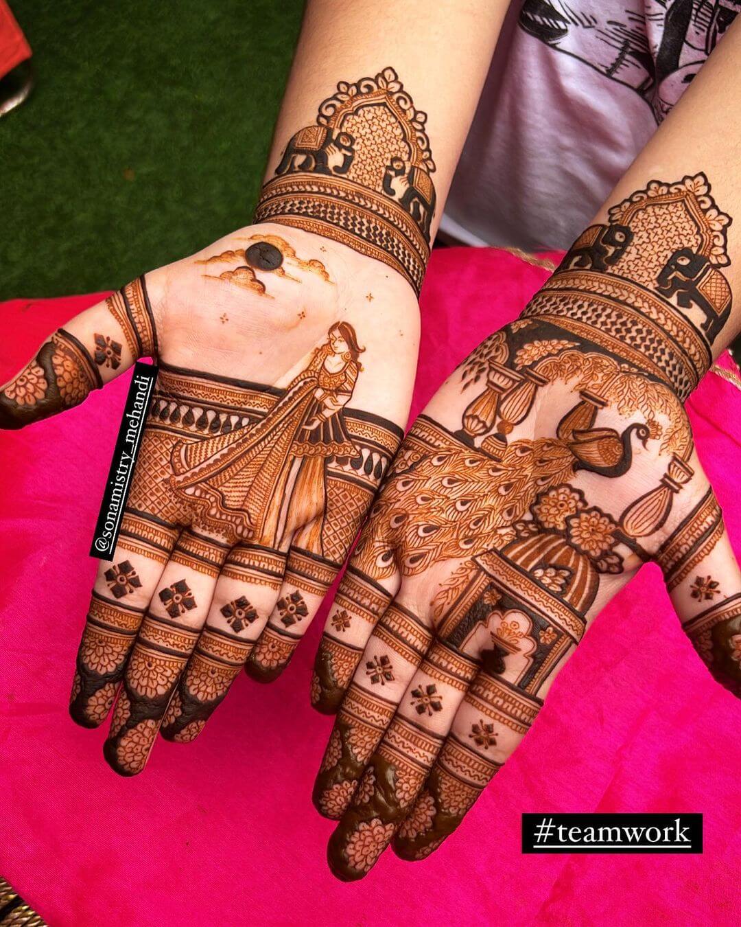 A Women  Blushing Standing Out Fort Mehndi Design