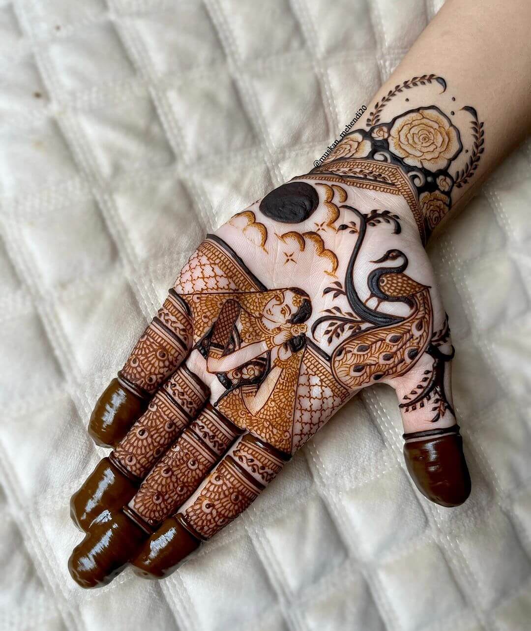 A Women's Portrait On Palm  With Rose Mehndi Design