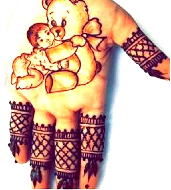 Adorable Boy With Teddy Carton Mehndi Design For Kids