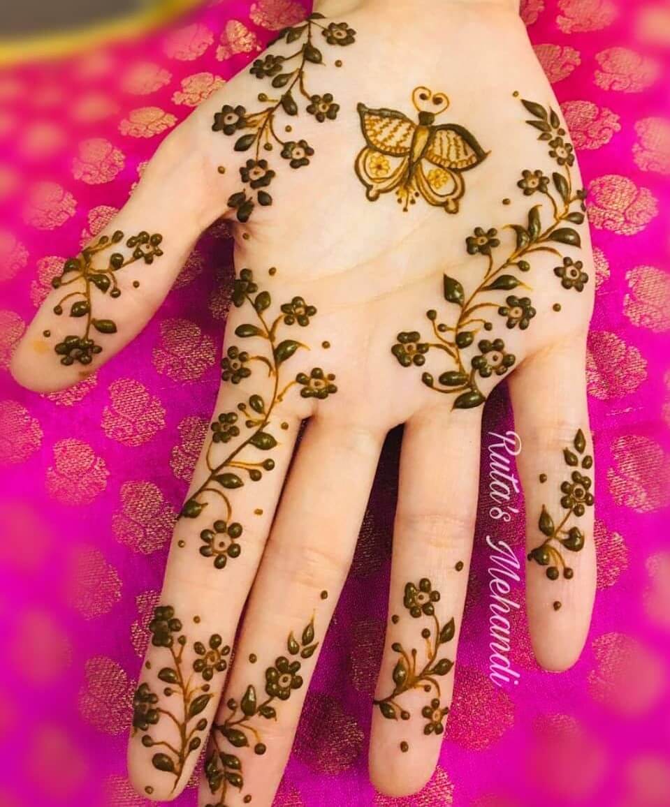 Beautiful Butterfly With Flowers Mehndi Design For Kids