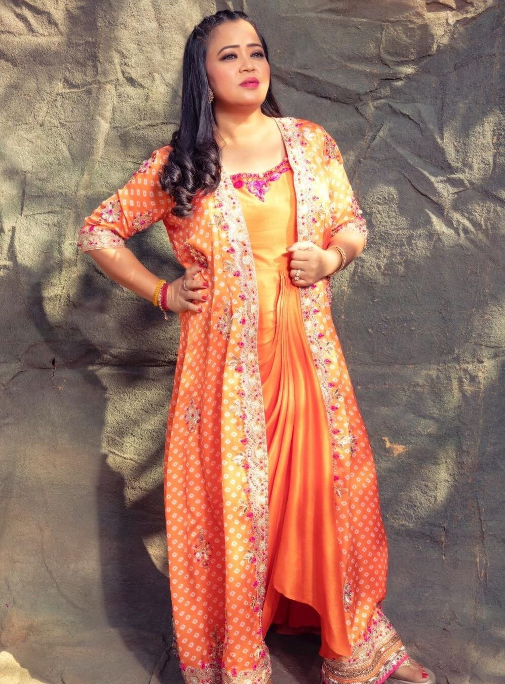 Bharti Singh Gorgeous In Orange Chunri Print Gown Dress