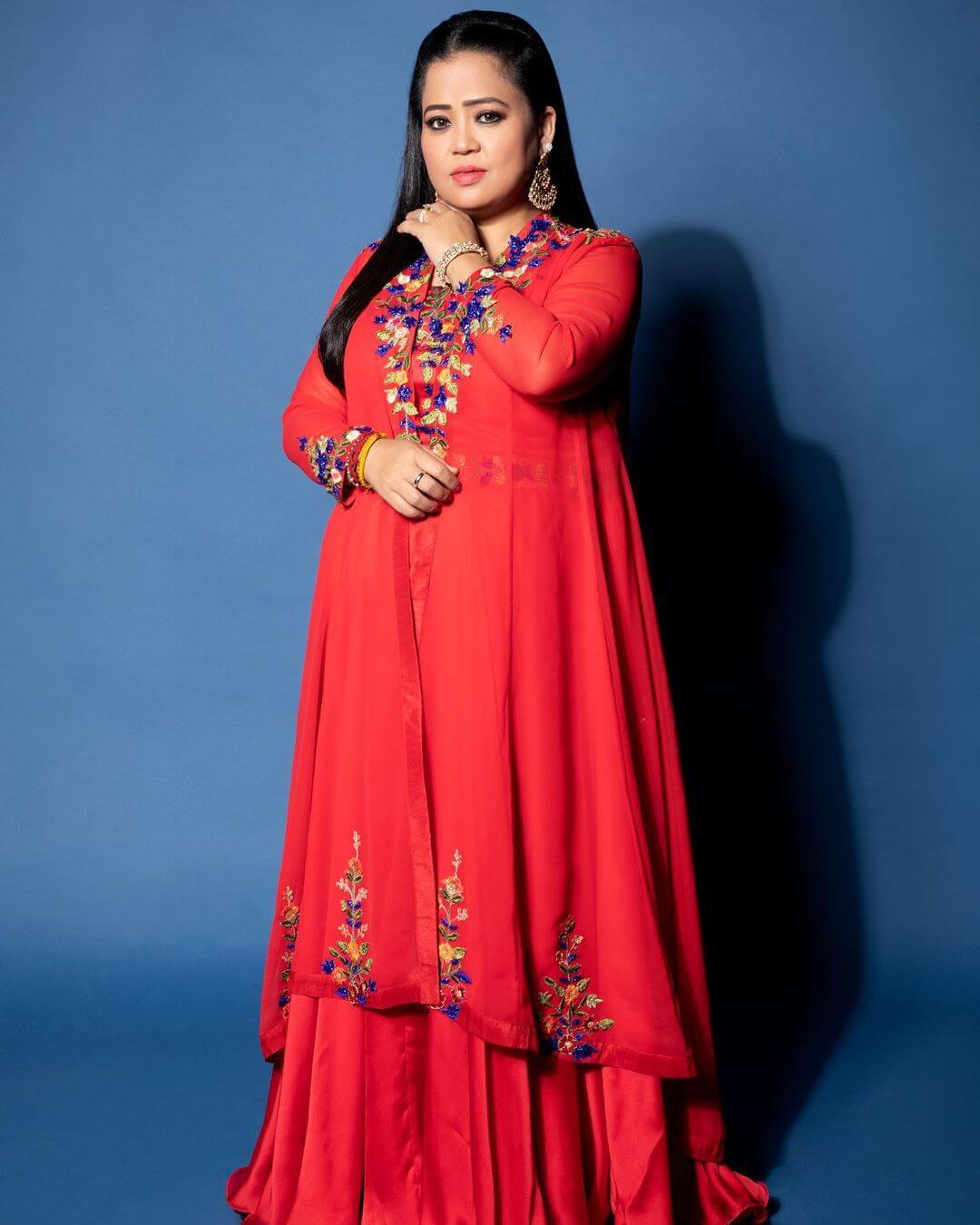 Elegant Bharti Singh In Red Embroidery Flare Gown Suit