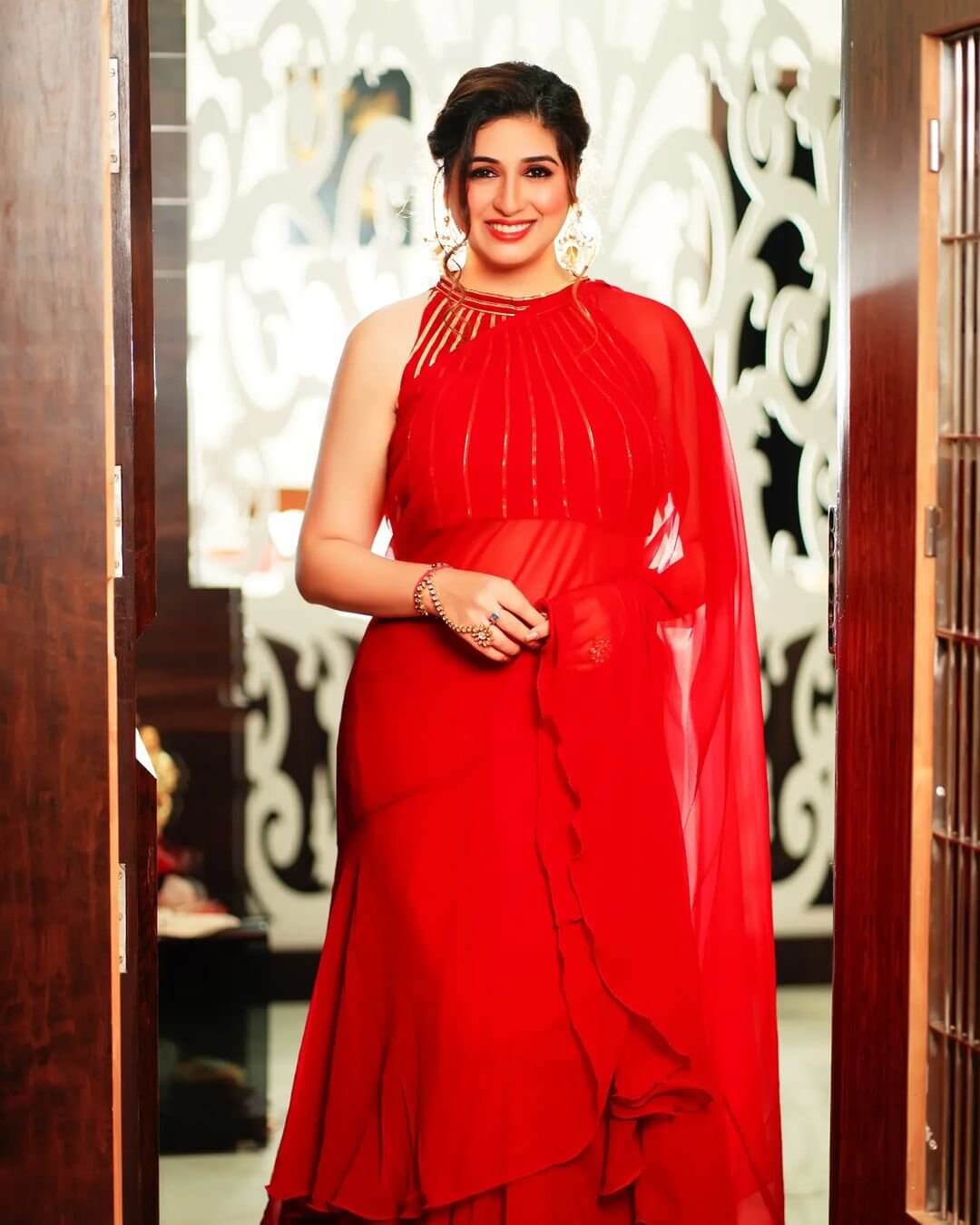 Stunning  Vahbiz Dorabjee In Red Georgette Ruffle Saree