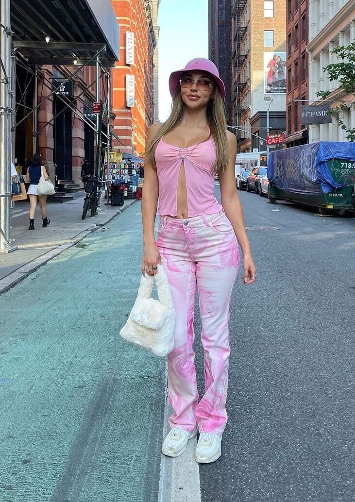 Chantel Jeffries In Pink Crop Top With Printed Jeans