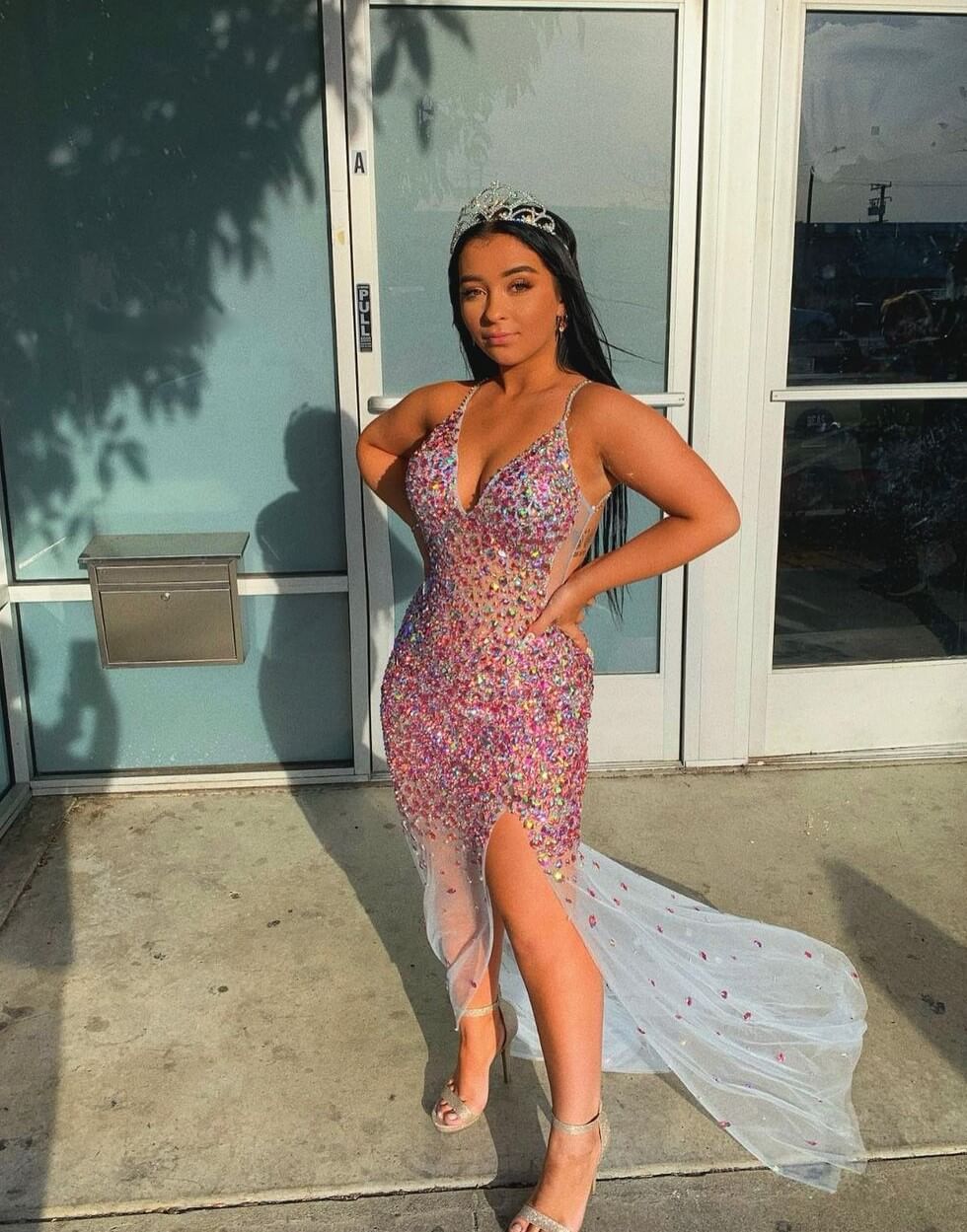 Danielle Cohn In Sequence Embellished Long Flare Gown