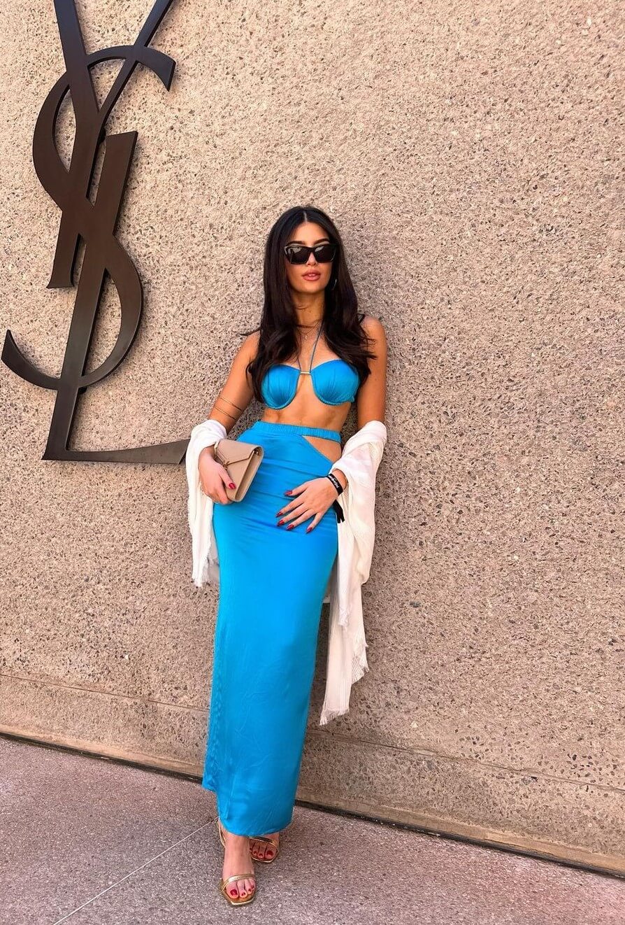 Ellie Zeiler  In Aqua Satin Bralette With Long Skirt