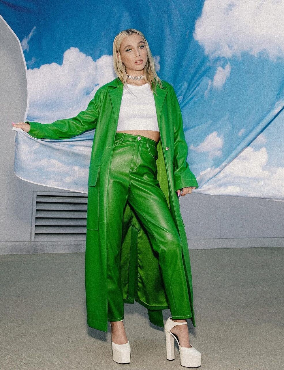 Emma Chamberlain In Green Leather Co-Ord set