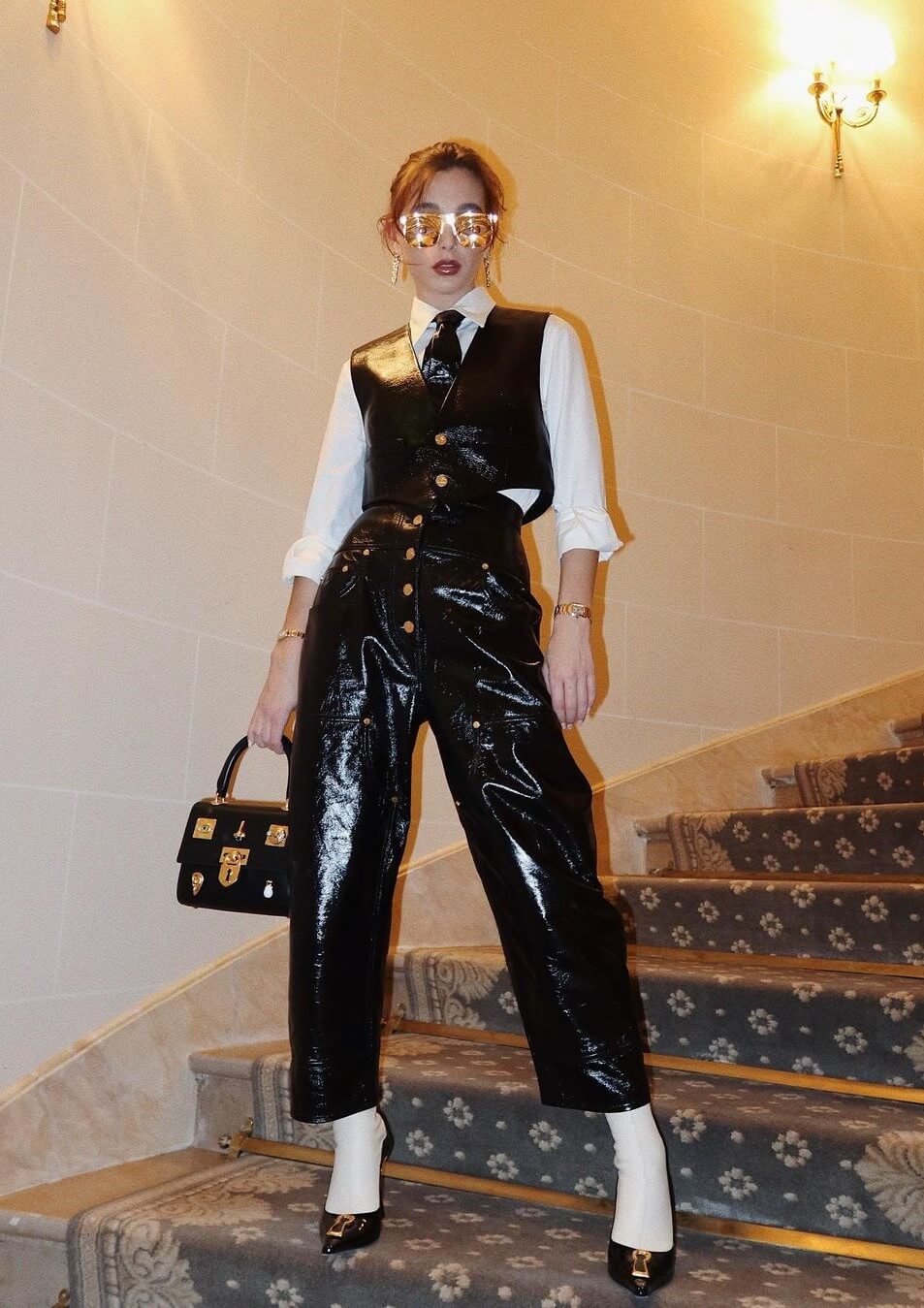 Emma Chamberlain In Shiny Black Three Piece Set Outfit