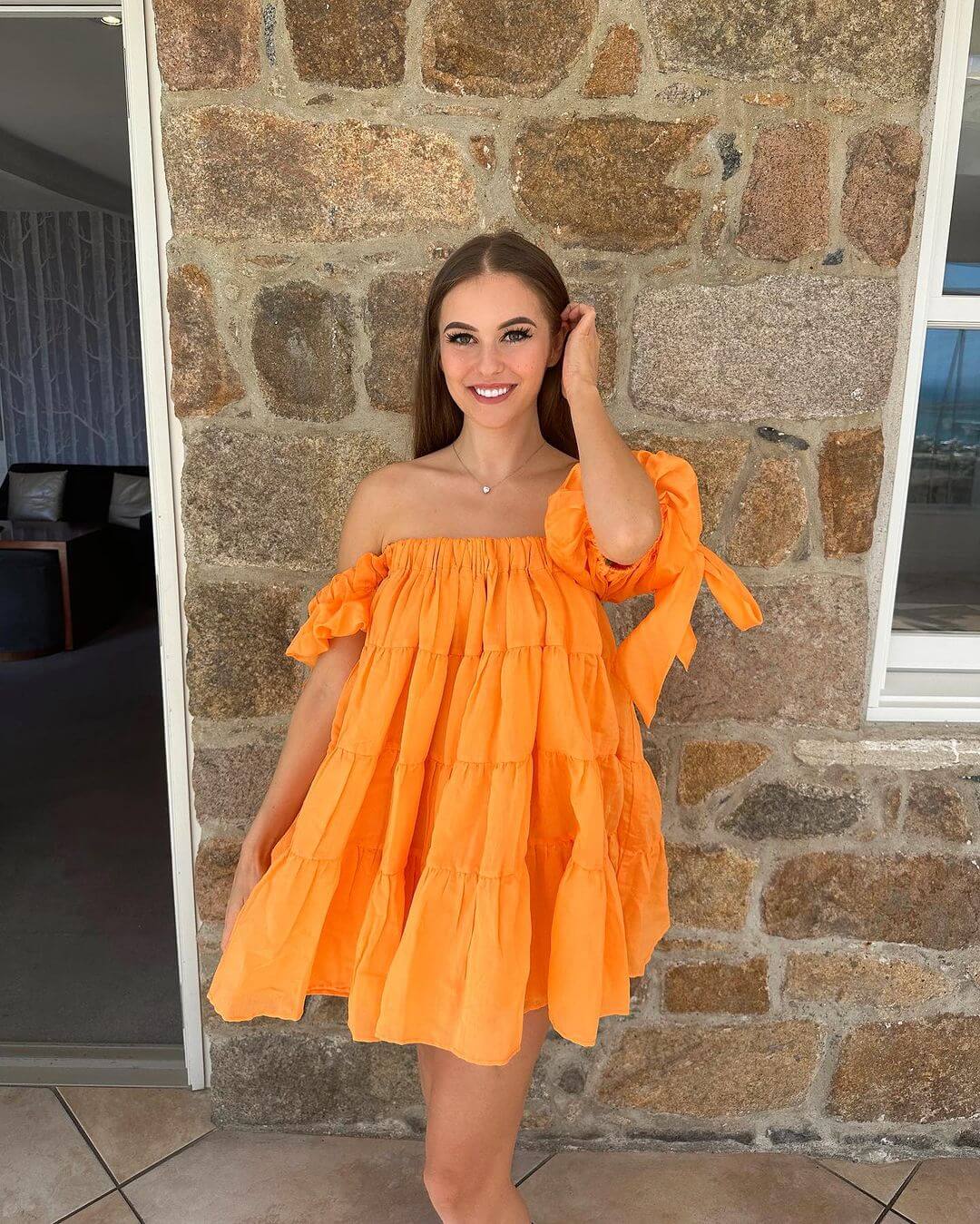 Holly H In Orange Off Shoulder Flared Short Dress