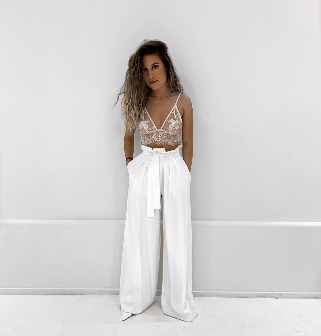 Kristen McAtee In White Bralette With Palazzo Pants