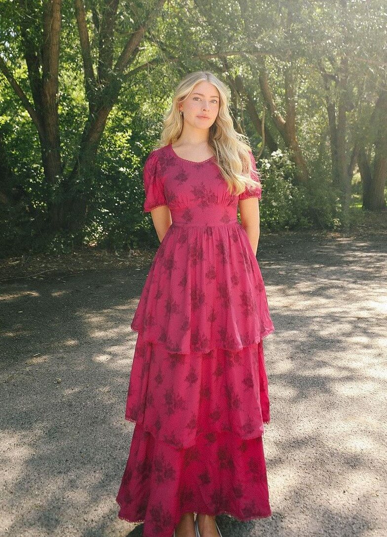 Marla Catherine  In Pink Printed Frill Long Gown