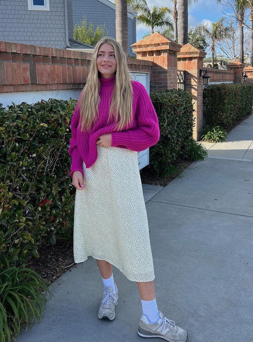Marla Catherine In pink Woolen Sweater with White Skirt Outfit
