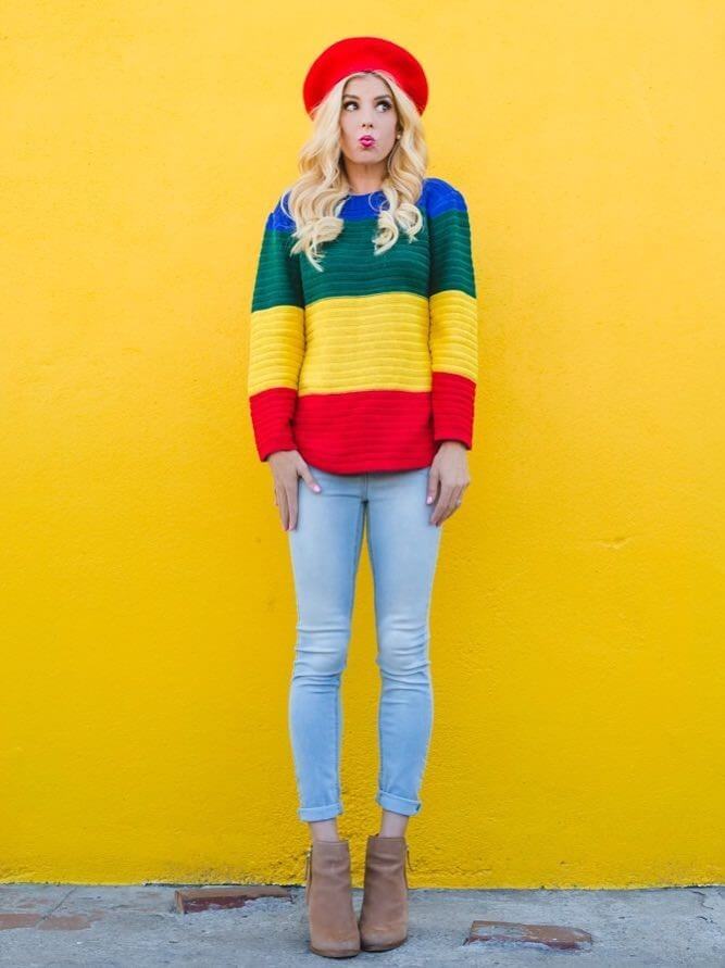 Rebecca Zamolo In Multicolor Woolen Sweater With Blue Jeans