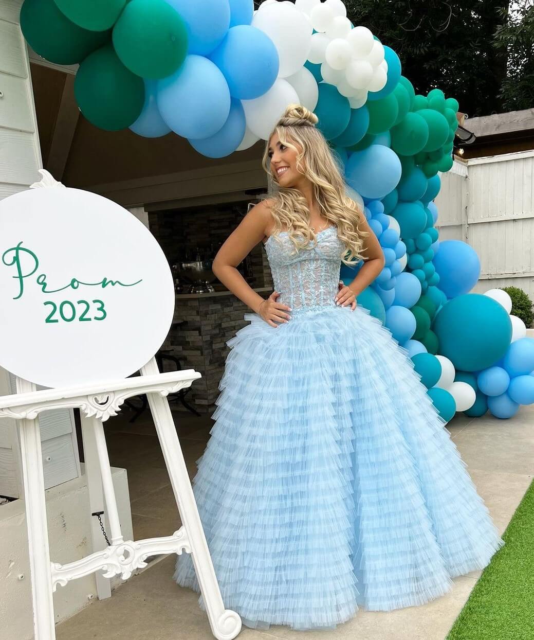 Rosie McClelland In Aqua Frill Princess Gown 