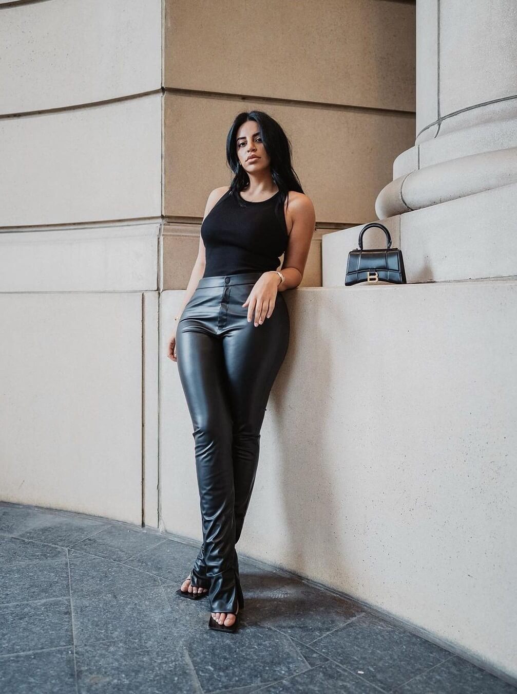 Selma Omari In Black Top With Leather Pants