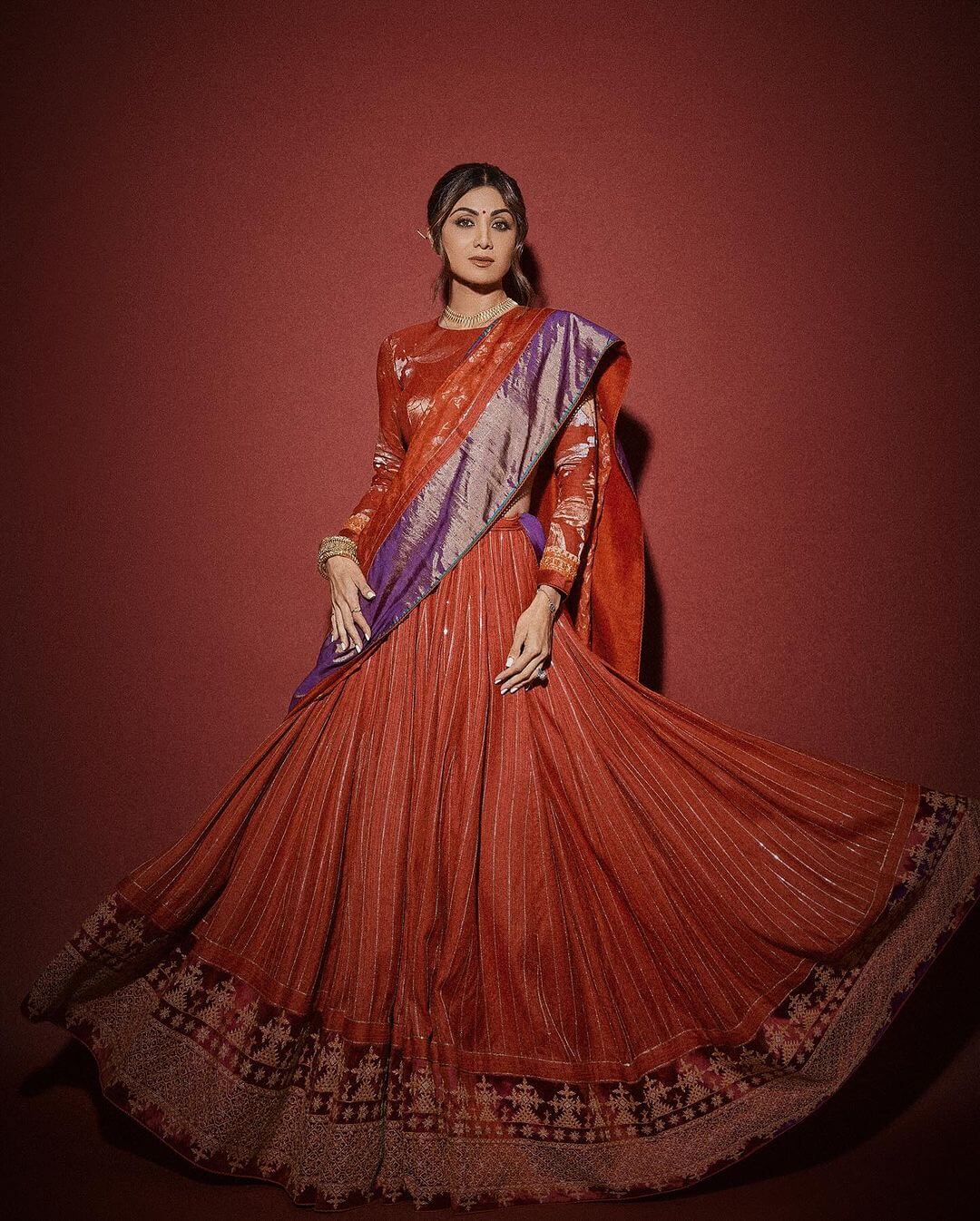 Shilpa Shetty In Copper Red Embroidery  Silk Lehenga Set