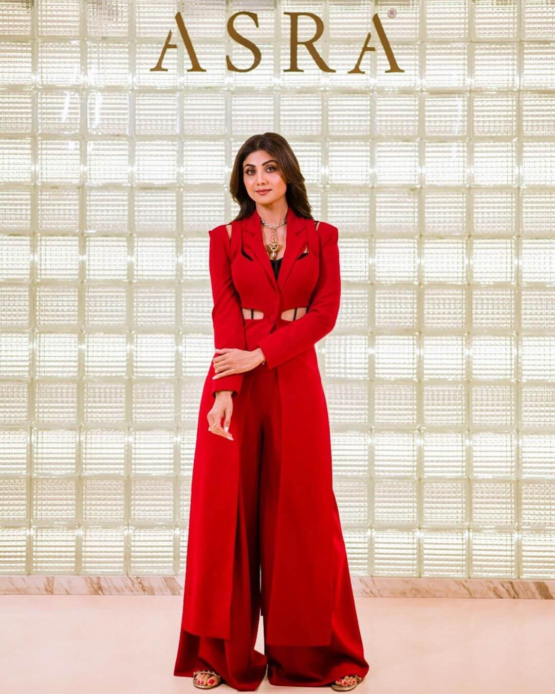Shilpa Shetty In Red  Coat Style Long Dress