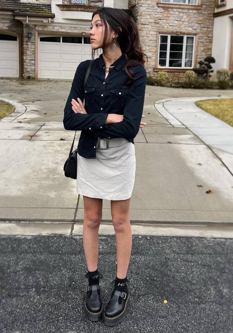 Txunamy In Black Denim Shirt With White Mini Skirt