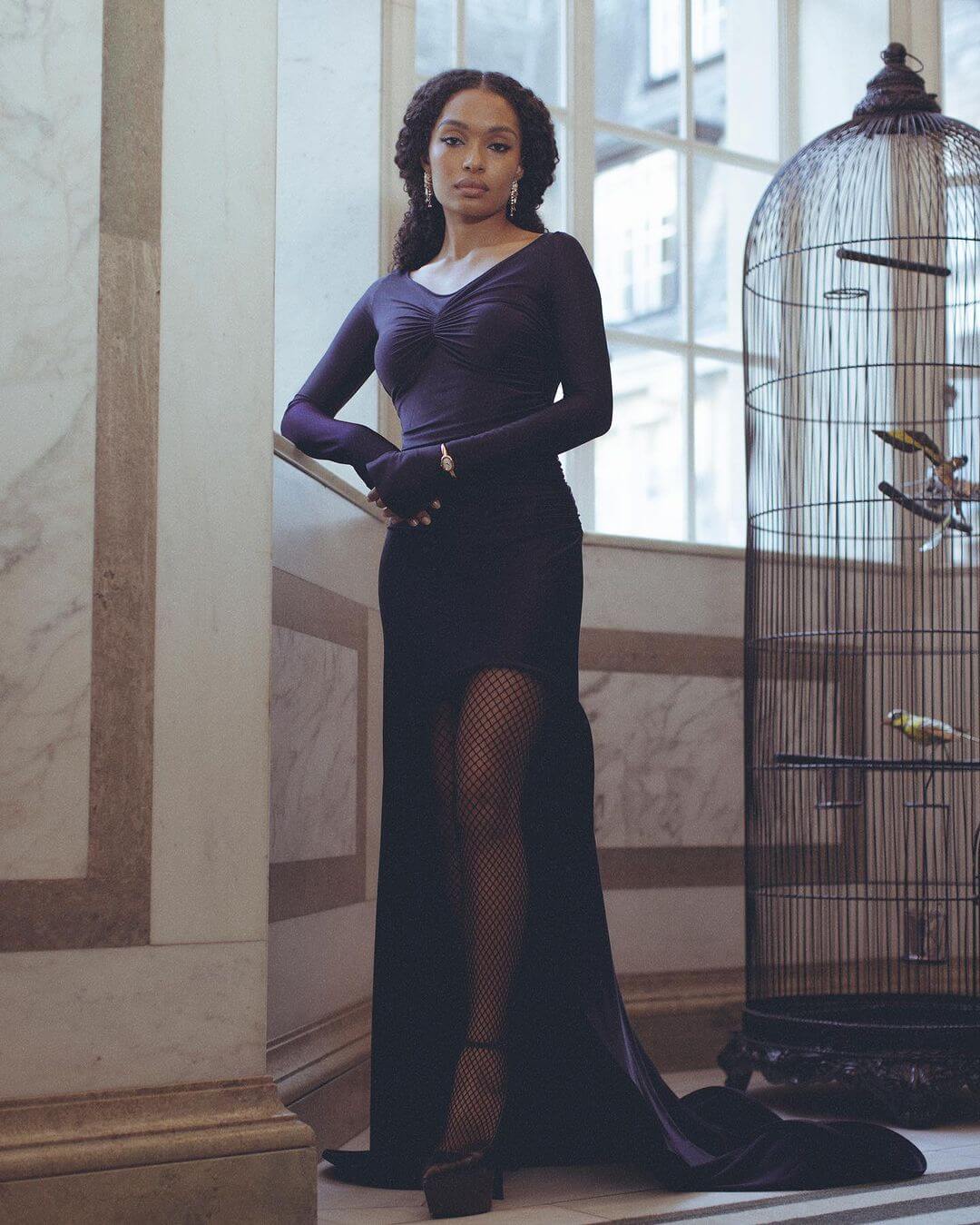 Yara Shahidi In Black full Sleeves Long Gown Dress