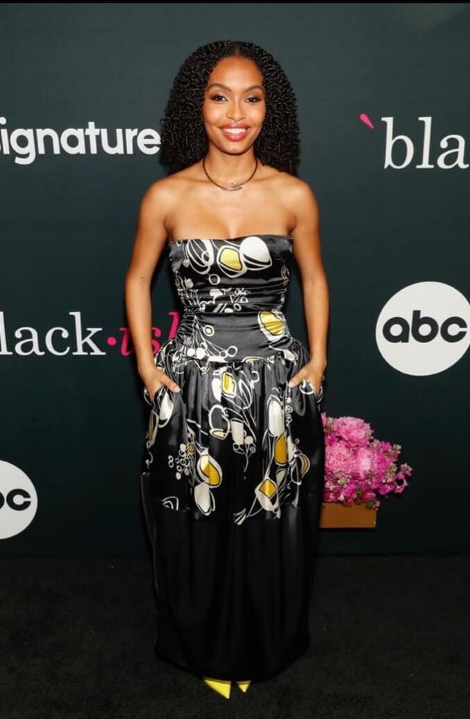 Yara Shahidi In Graphic Print Strapless Long Dress