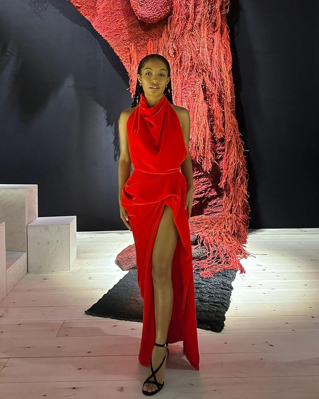 Yara Shahidi In Red Slit Cut Long Dress