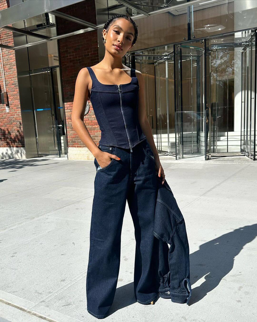 Yara Shahidi in Denim Dress Outfit